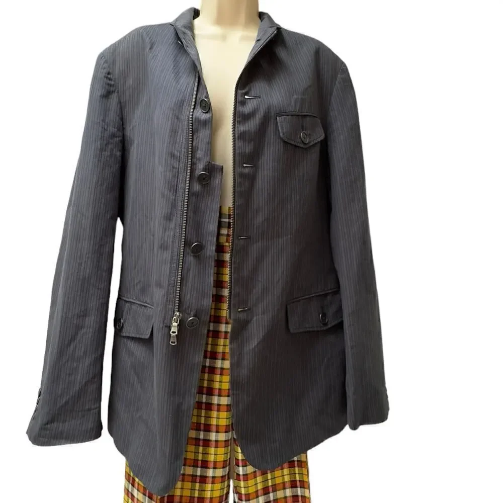 John Varvatos Star USA 5 Pocket Zip Button Linen Blue PinStripe Blazer Jacket 42
